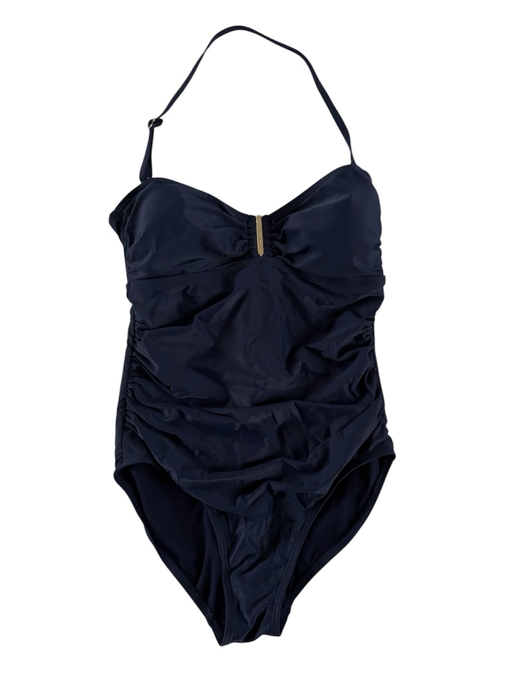 Calvin Klein Ruched One Piece Swimsuit Navy Blue Gold Bar Tummy Control Sz 6